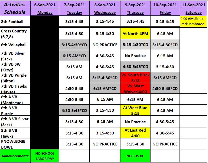 Activity Schedules Southwest Middle School